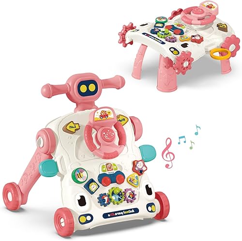 Juguete 3 en 1 para andador y empuje para bebé, centro de actividades sentado a pie, mesa de juego musical de educación temprana, volante,