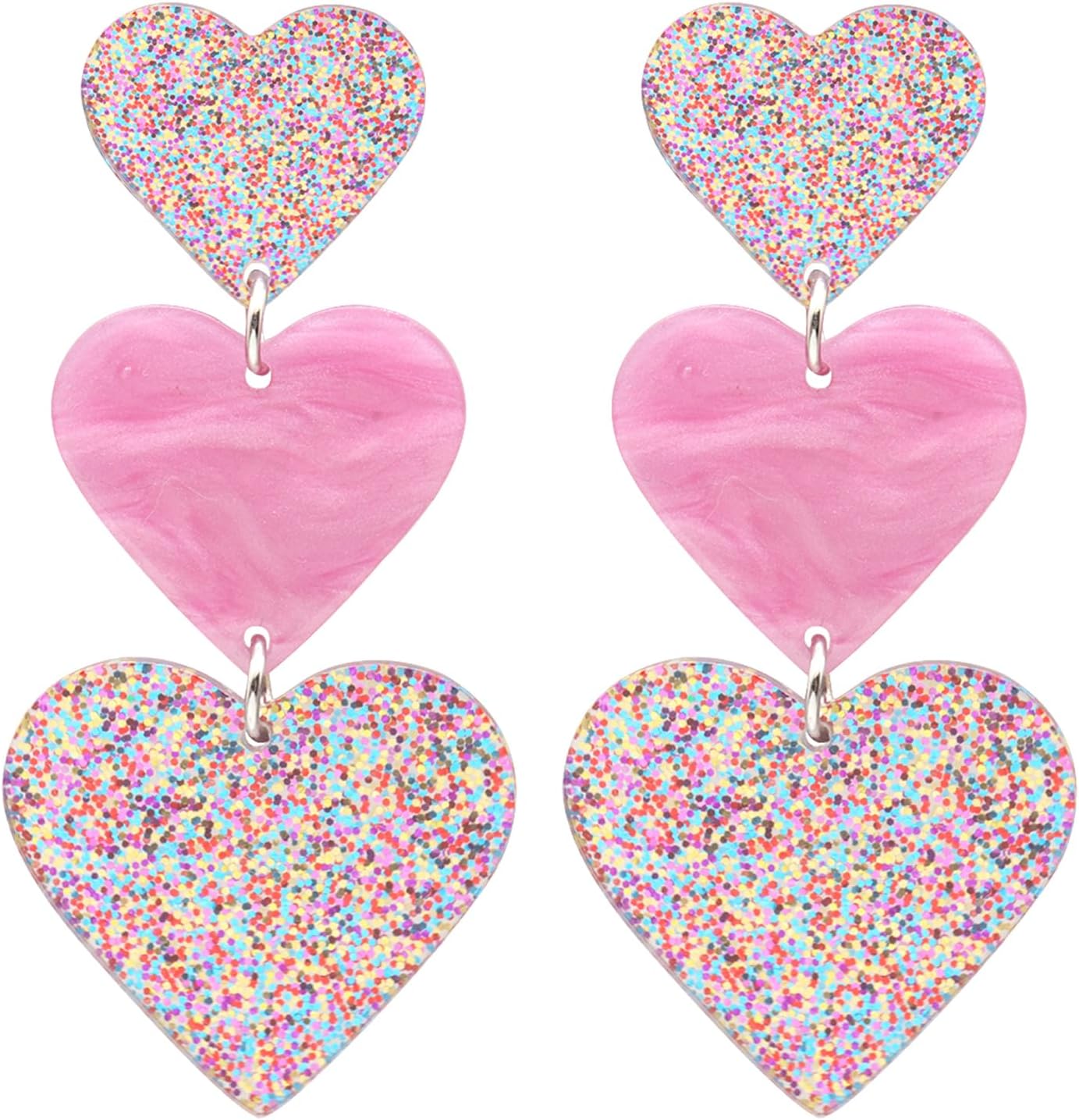 Pink Double Heart Drop Earrings for Women - Y2K Lover Dangle Earrings, Beach Acrylic Candy-Colored Jewelry, Valentine's Day Gift