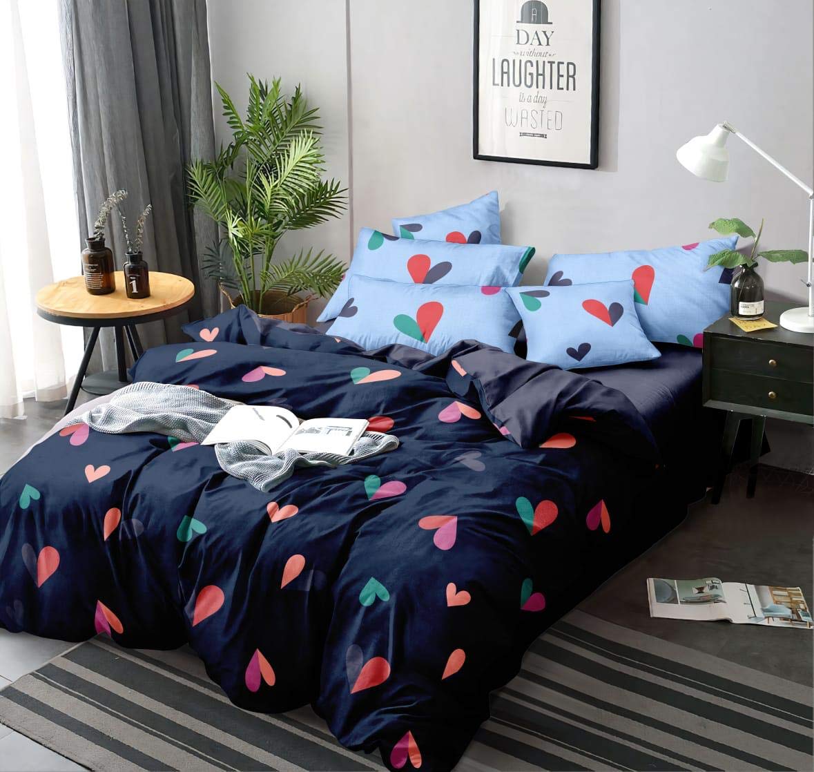 300 TC Cotton Feel Glace Cotton Printed Double Bed Bedsheet with 2 Pillow Cover_90x100 Inches (Blue Heart)
