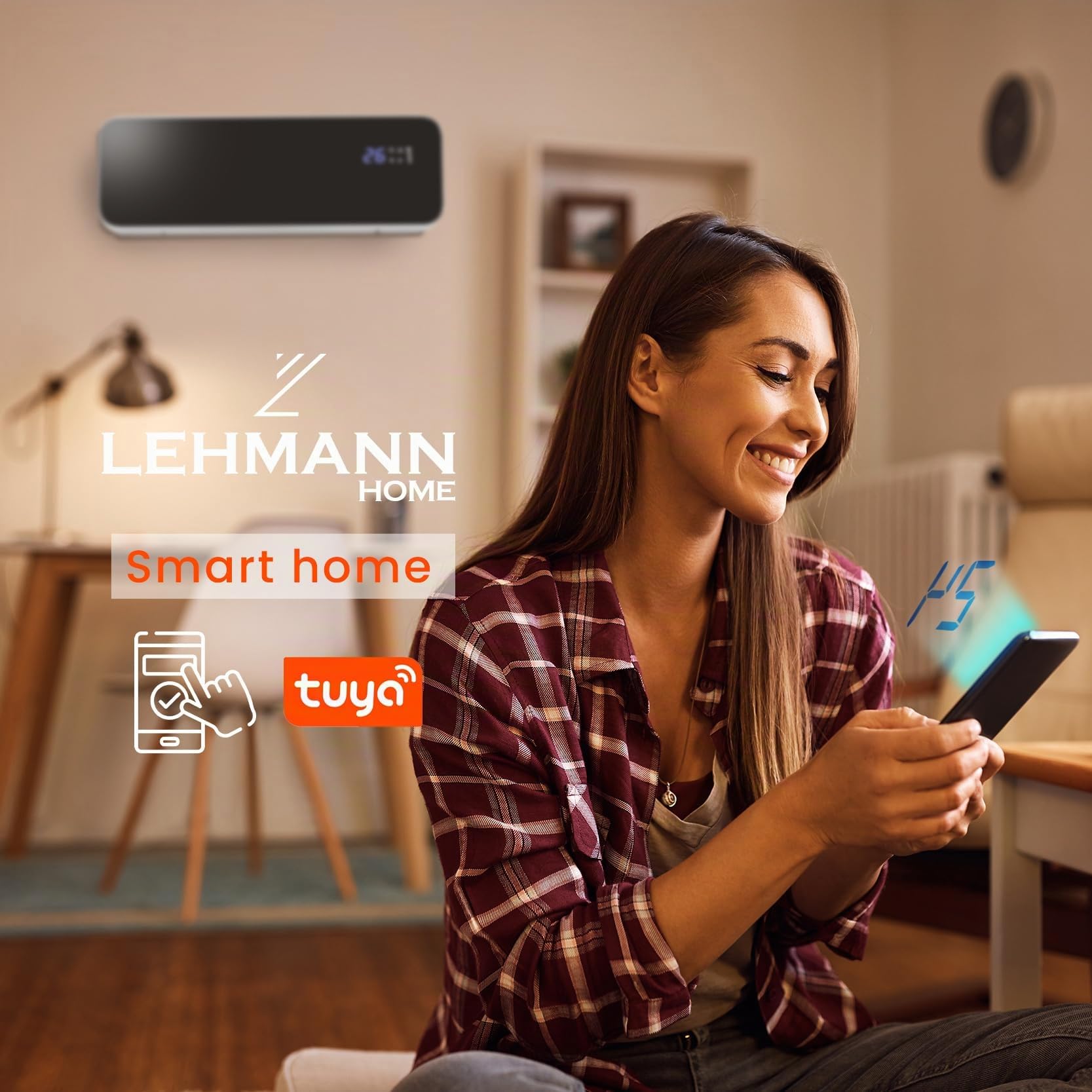 LEHMANN LHOHH-2013A - Termoventilatore da parete con 2 livelli di potenza, 1000/2000 W, termoventilatore da parete con Wi-Fi, telecomando, display a LED, con timer e oscillazione (nero)