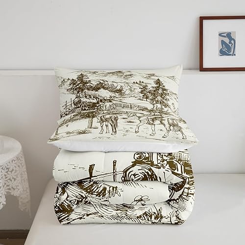 Miniatura 5 de Juego de edredón de tren de vapor, ropa de cama King con diseño de vaqueros, salvaje oeste americano, desierto occidental, caza, equitación, juegos