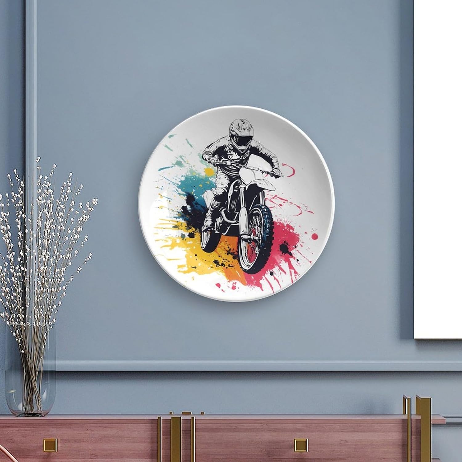 Motocross Biker Dirt Bike Bone China Decorative Porcelain Plates Dinnerware Ornaments