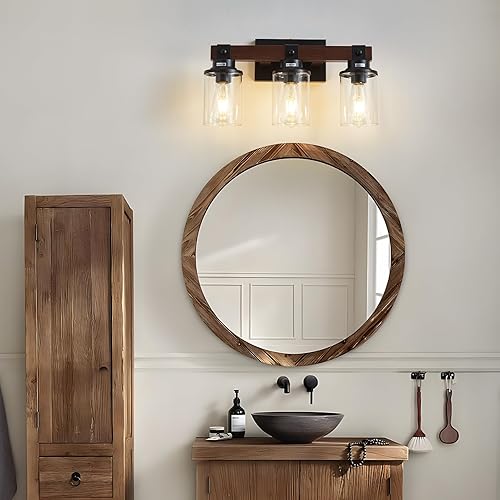 Miniatura 2 de Lámpara de tocador de madera de granja para baño, 3 luces de madera para tocador de baño, apliques rústicos con pantalla de metal para baño,