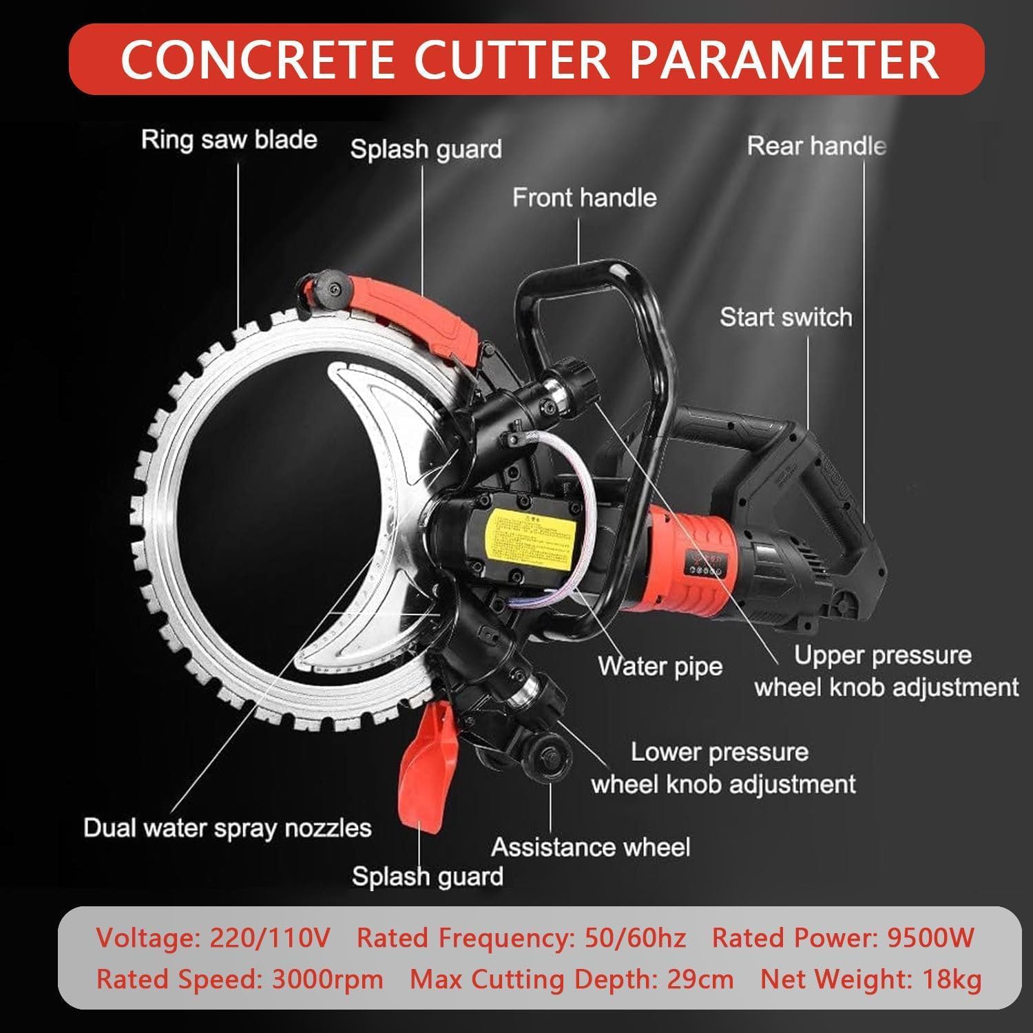16" Ring Electric Concrete Saw, 8980W/9500W High Power Cutting Machine ， Wet Cutting System, Max Depth 11.4", for Brick & Concrete Slotting (110V 9500W US plug)