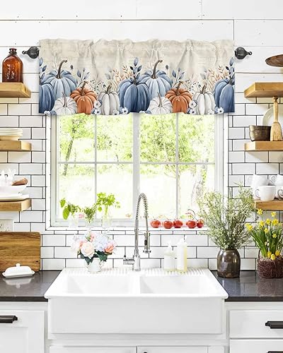Miniatura 6 de Cenefas de cortina de otoño con diseño de calabazas azules, naranjas y grises, para ventanas y sala de estar, cenefas botánicas de Acción de Gracias