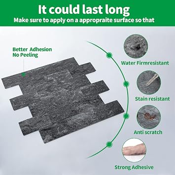 LONGKING 10-Sheet Peel and Stick Backsplash for Kitchen, PVC Stick on Tile for Bathroom Vanities, Kitchen Backsplash, Retro/Rustic Style Wall Decor in Dark Granite