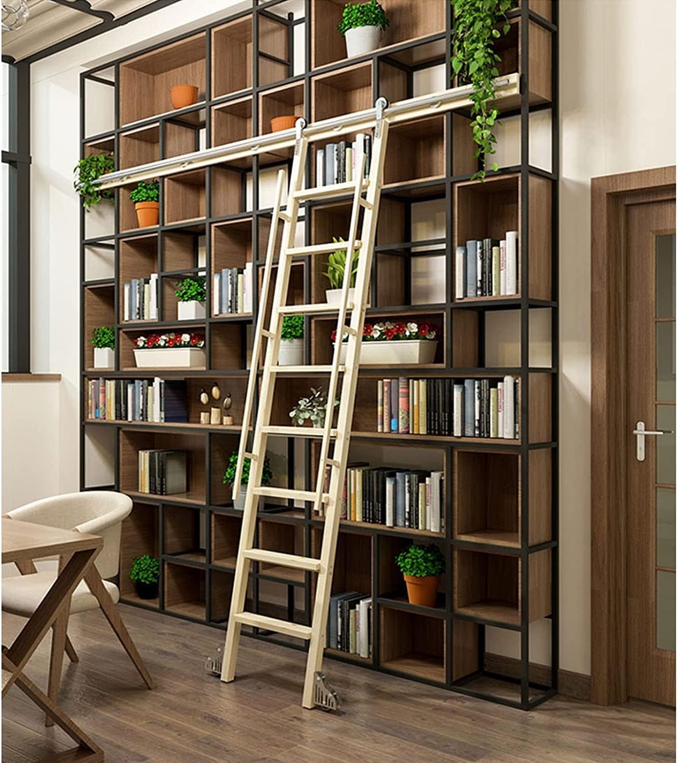 Rolling Library Ladder Hardware Kit - Sliding Barn Door Hardware Track Accessories - with Floor Rollers - Load Bearing 200kg - Easy to Install - Stainless Steel/Black