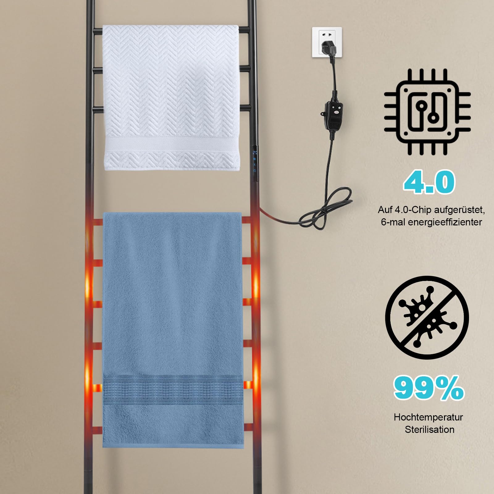 Portasciugamani elettrico da bagno, 150 W, scalda asciugamani, 45 – 70 °C, autoportante, 9 aste, 42,5 x 160 cm (nero)