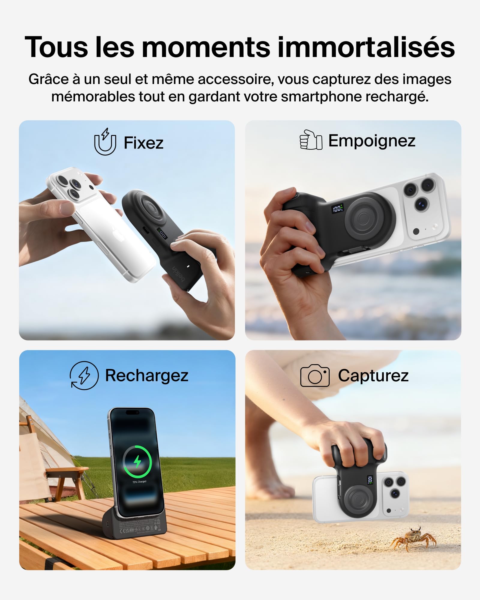 Belkin Stage PowerGrip, Poignée Photo Magnétique et Batterie Externe 9300mAh, Câble USB-C Rétractable, Connexion Bluetooth, Fixation pour Trépied, Écran LCD, Power Bank pour iPhone, Pixel et Plus
