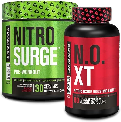 Jacked Factory Nitrosurge Pre-entrenamiento en cereza negra y refuerzo de óxido nítrico N.O. XT para hombres y mujeres