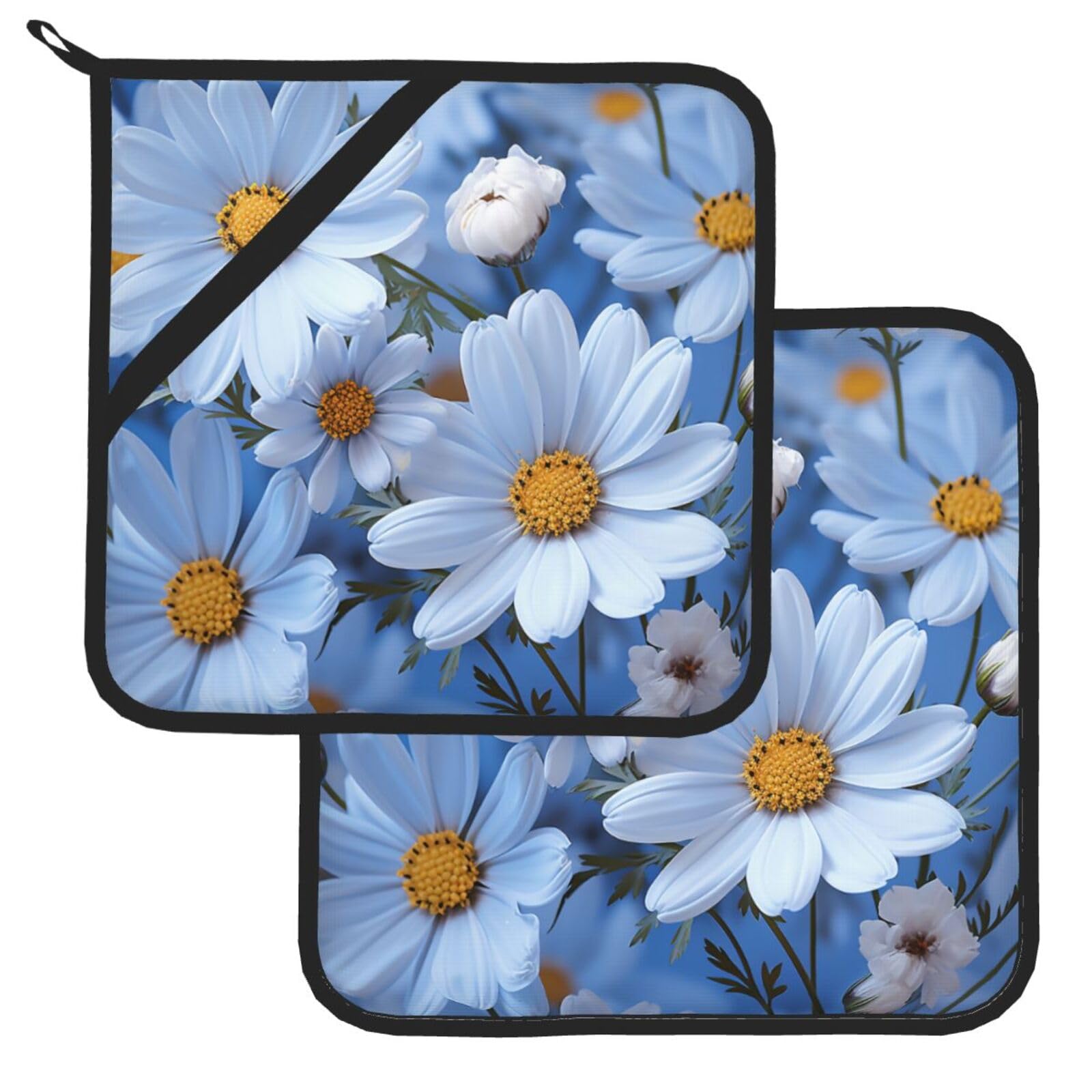 DJUETRUI Daisy Blue Print Pot Holders Sets 2 Pack Square Washable Heat Resistant Oven Hot Pads with Pockets Waterproof Non Slip Potholders for Baking Cooking 8