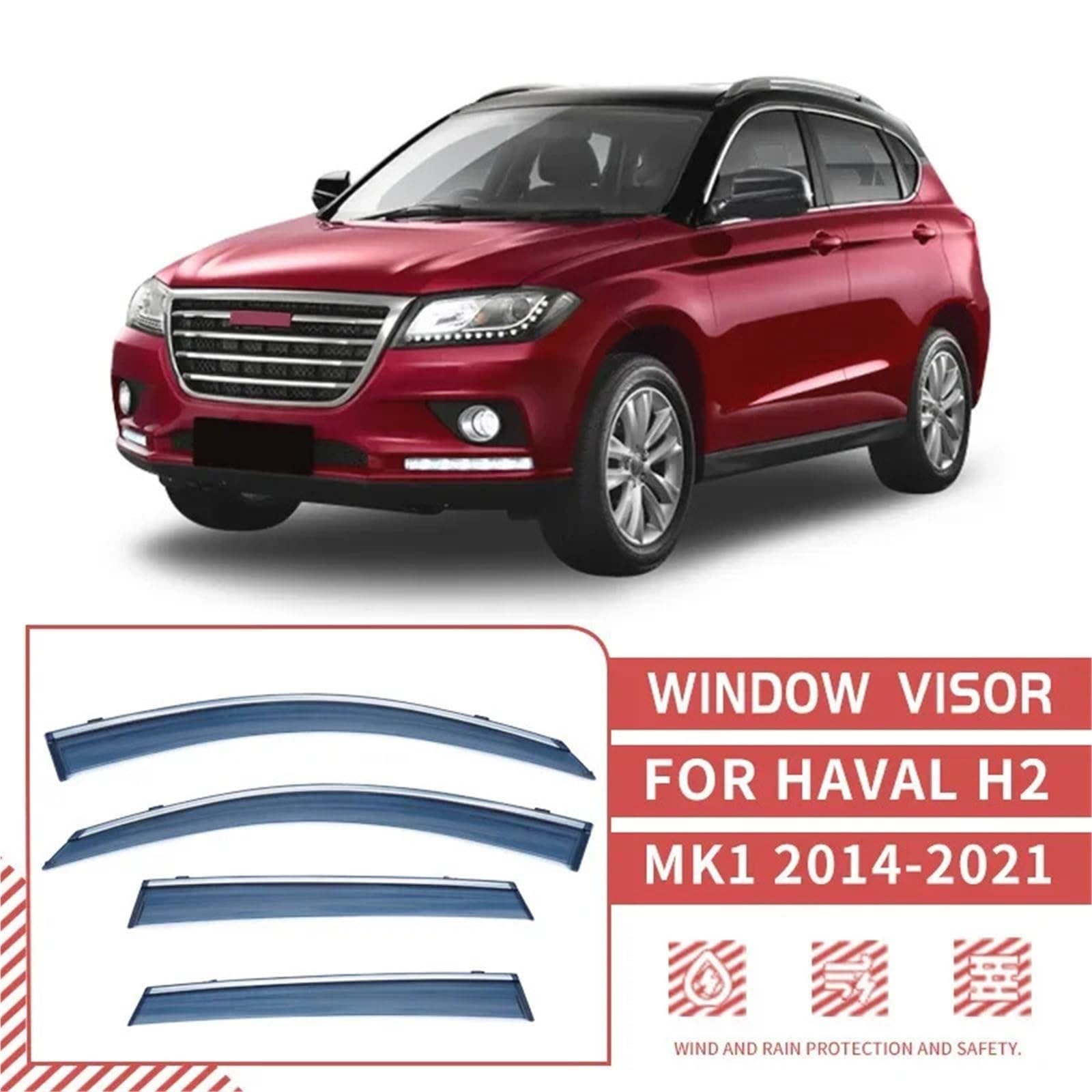 osłona Car Wind Deflector Pasuje do Haval H2 2014-2021 Osłona okienna Osłona przeciwdeszczowa Osłona przeciwwiatrowa Deflektory z chromowanymi wykończeniami Osłony(H2 2014-2021)