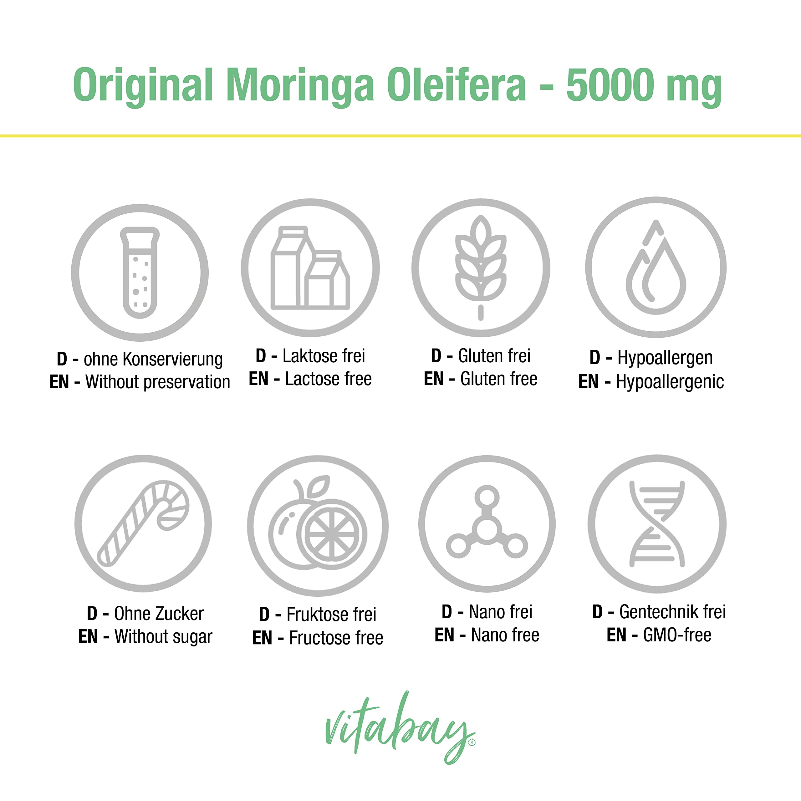 Vitabay Original Moringa Oleifera • 5000 mg PRO Kapsel • 120 Kapseln • Naturbelassen • Hochdosiert • Einmaliges Spektrum an natürlichen Nährstoffen • XXL-Packung