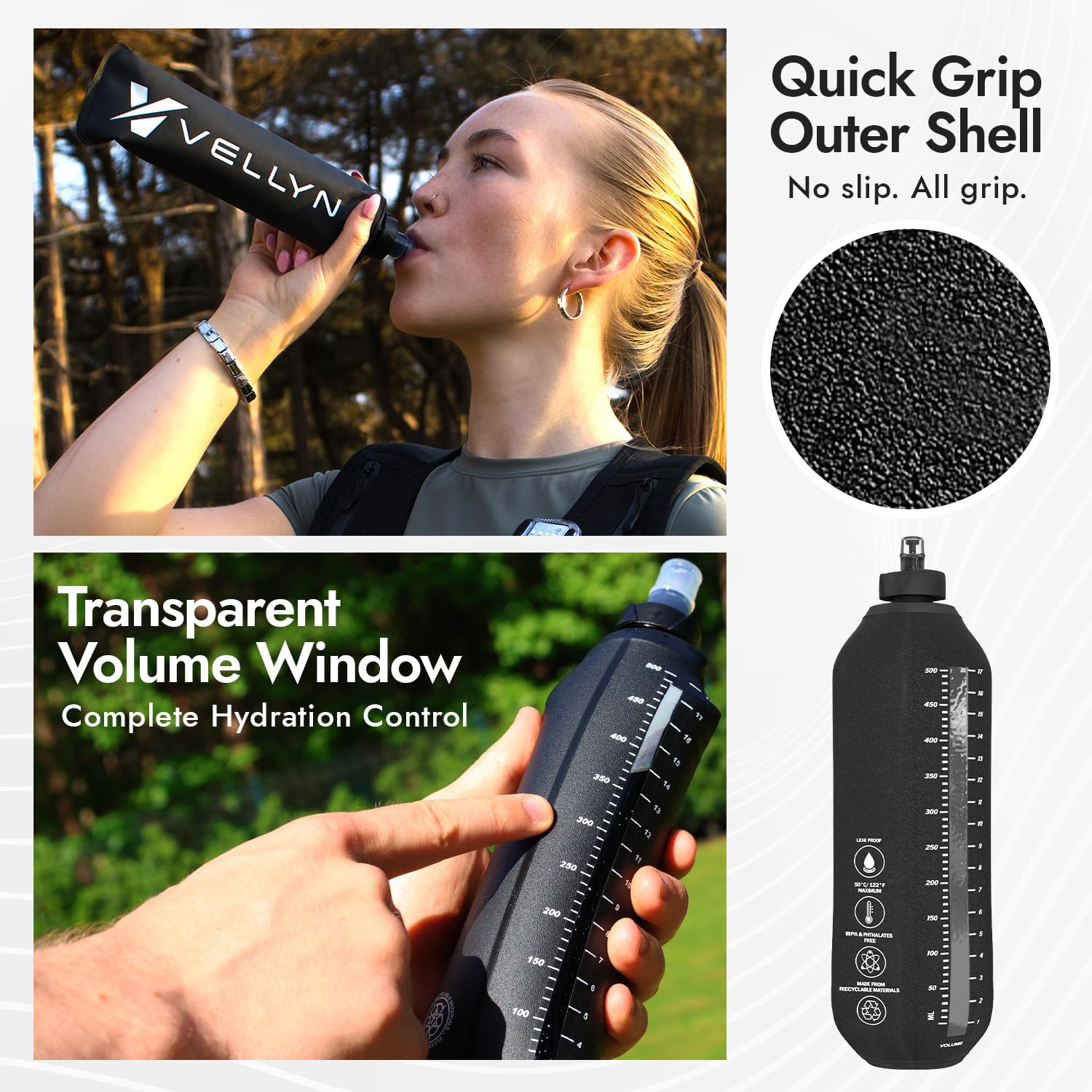 2 x 500 ml Laufwasserflasche, weiche Flasche, faltbare Wasserflasche für Laufweste, ultraleicht, nur 29 g, Schnellgriffschale, Volumenfenster, 100 % auslaufsichere Hydratation für Wandern, Radfahren