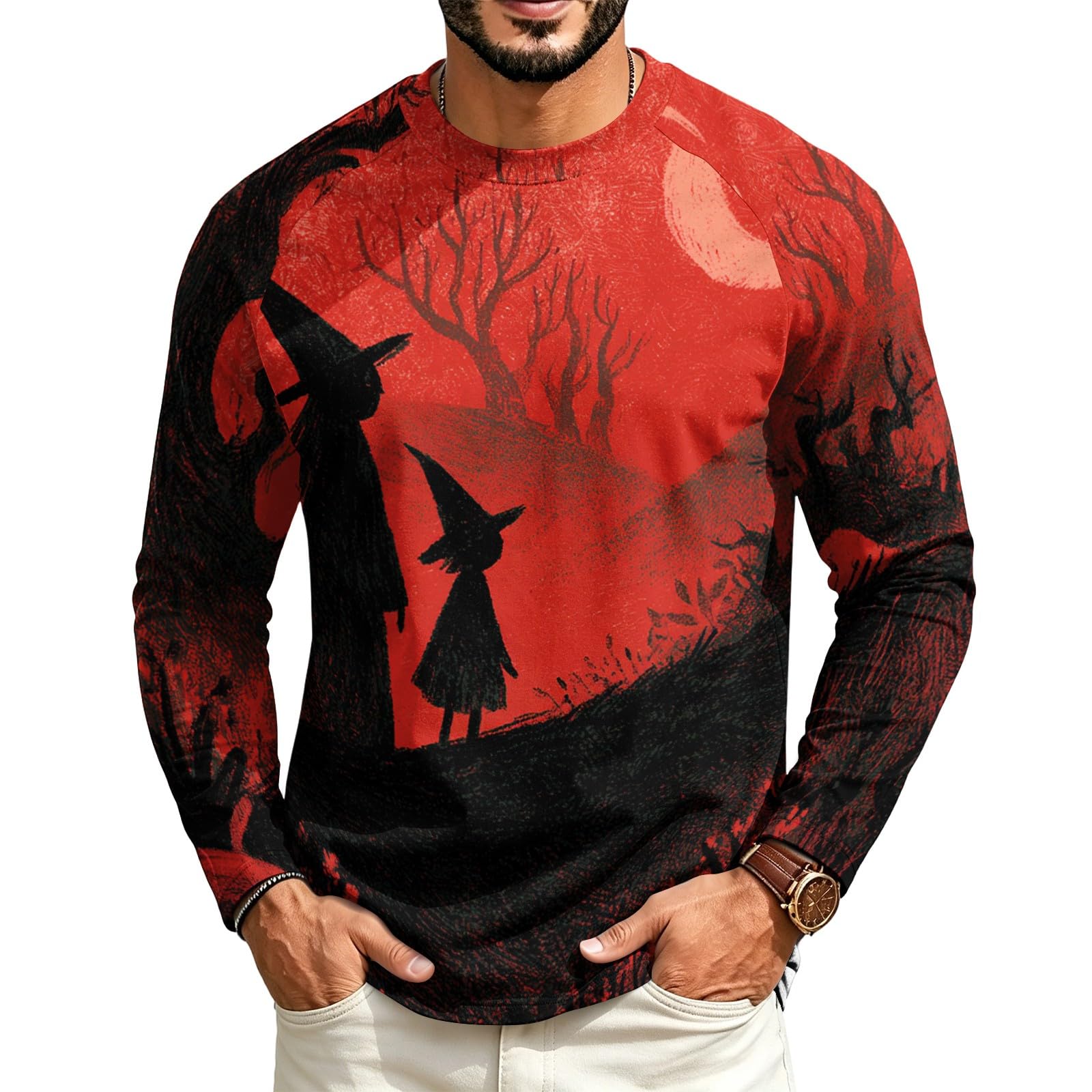 Halloween Crew Neck Shirts Costumes for Men Long Sleeve Fit Pumpkin Ghosts Print Casual Fashion Tops 2026，03-Wine 4XL — image 1