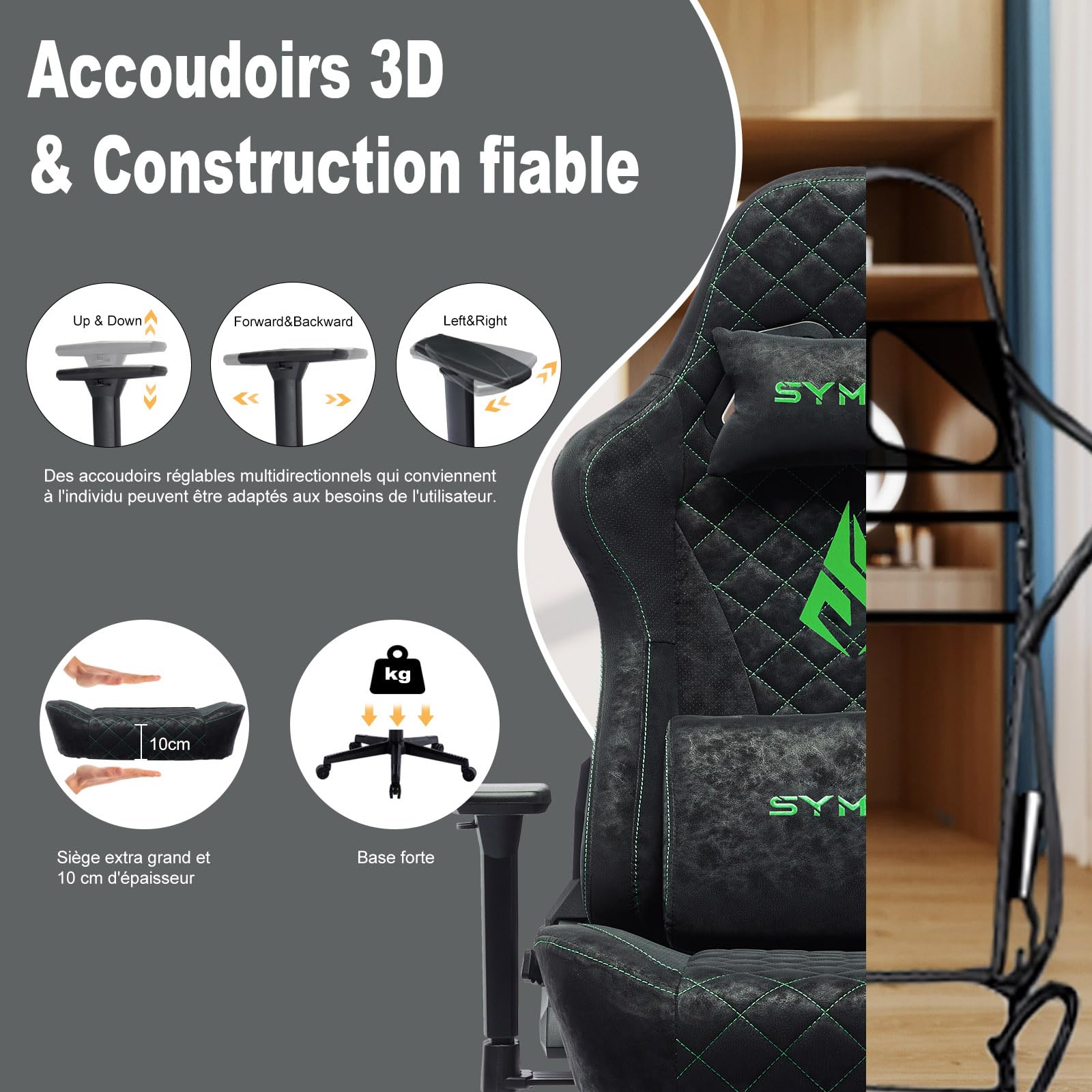 Symino Sedia Gaming con Poggiapiedi, Braccioli 3D Regolabili, Schienale Alto Ergonomico Reclinabile 90-150°, Pelle PU Trapuntata a Rombo, Cuscino Lombare & Poggiatesta, Portata 200 kg