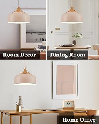 ELYONA 12 Inch Modern Japandi Pendant Light for Kitchen Island Farmhouse Hanging Lamp with Faux Pine Wood Grain Metal Shade, Adjustable Wabi Sabi Ceiling Fixture for Dining Room Bedroom,Light Brown