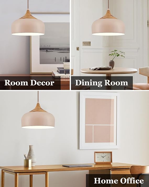 ELYONA 12 Inch Modern Japandi Pendant Light for Kitchen Island Farmhouse Hanging Lamp with Faux Pine Wood Grain Metal Shade, Adjustable Wabi Sabi Ceiling Fixture for Dining Room Bedroom,Light Brown