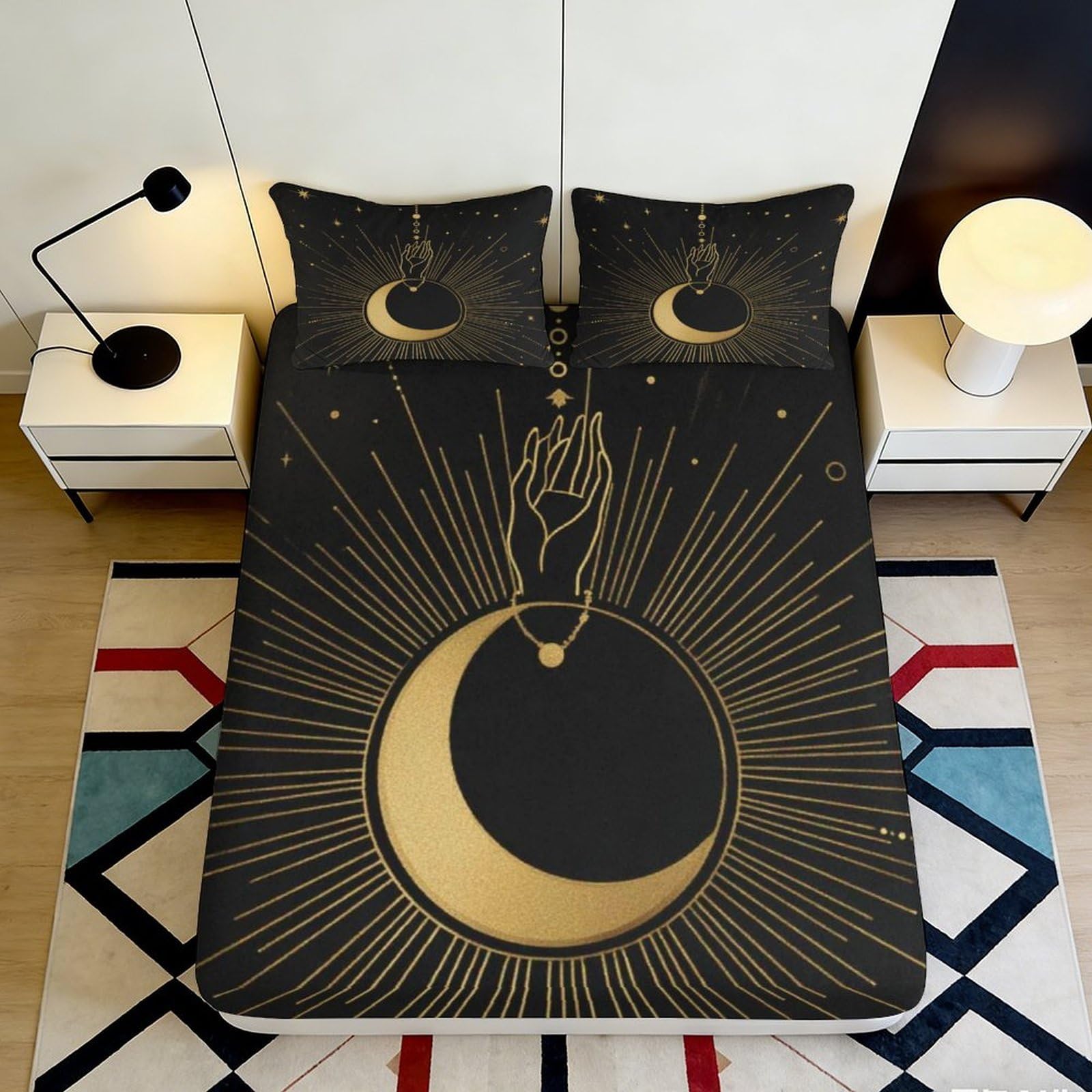 3D Printed Mystic Moon Fitted Sheet Microfiber Soft Black Gold Celestial Hand Bed Cover for Bedroom Dorm Decor 90x200x25cm
