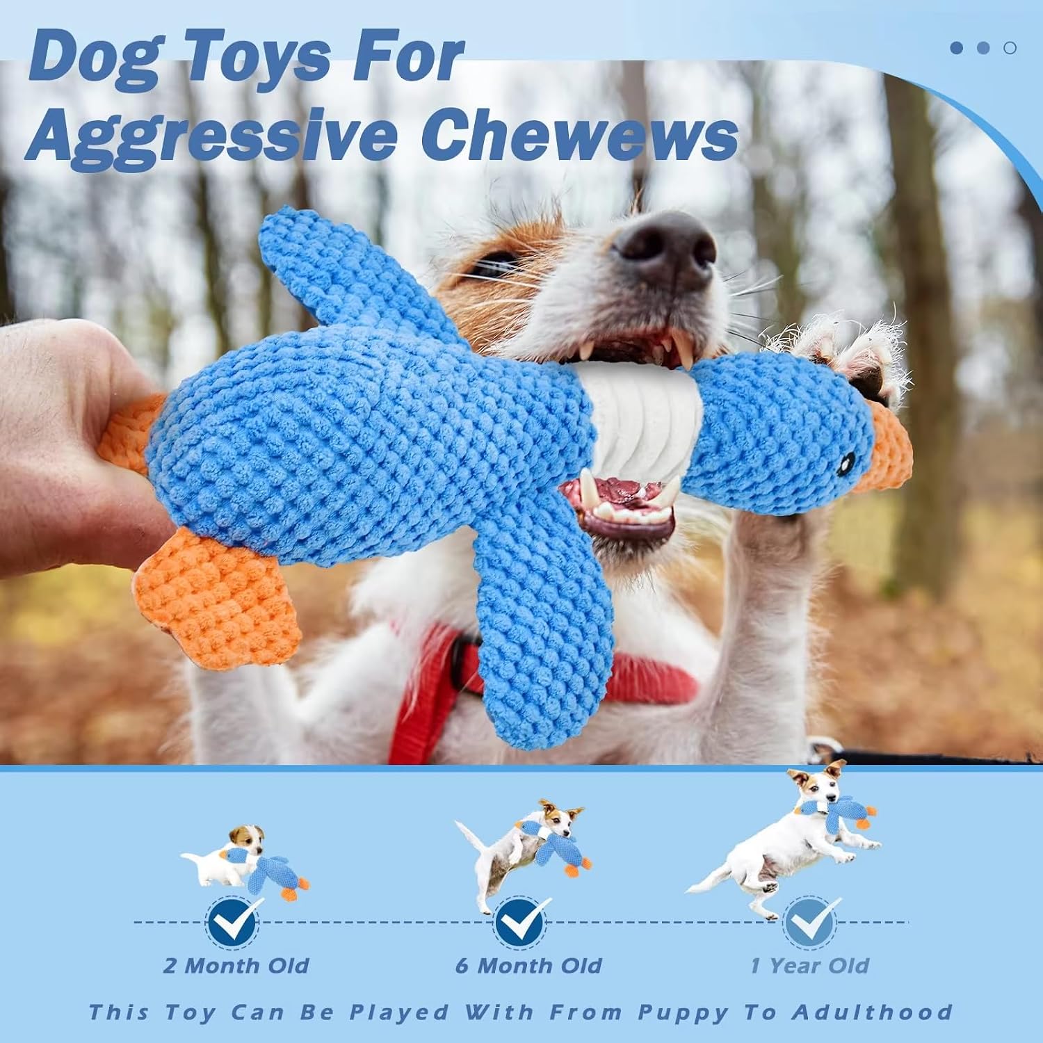 Squeaky Duck Dog Toy with Crinkle Wings, Durable Plush Chew Toy for Aggressive Chewers, Super Fun Pet Toy for Large and Small Dogs, Keeps Them Busy, Blue image 2