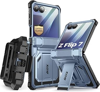 جراب i-Blason لهاتف Samsung Galaxy Z Flip 7 مع حامل، [واقي شاشة من الزجاج المقسّى] [حماية المفصلة] [مشبك الحزام]، جراب هاتف للحماية العسكرية لكامل الجسم لهاتف Samsung Z Flip 7، Armorbox، أزرق