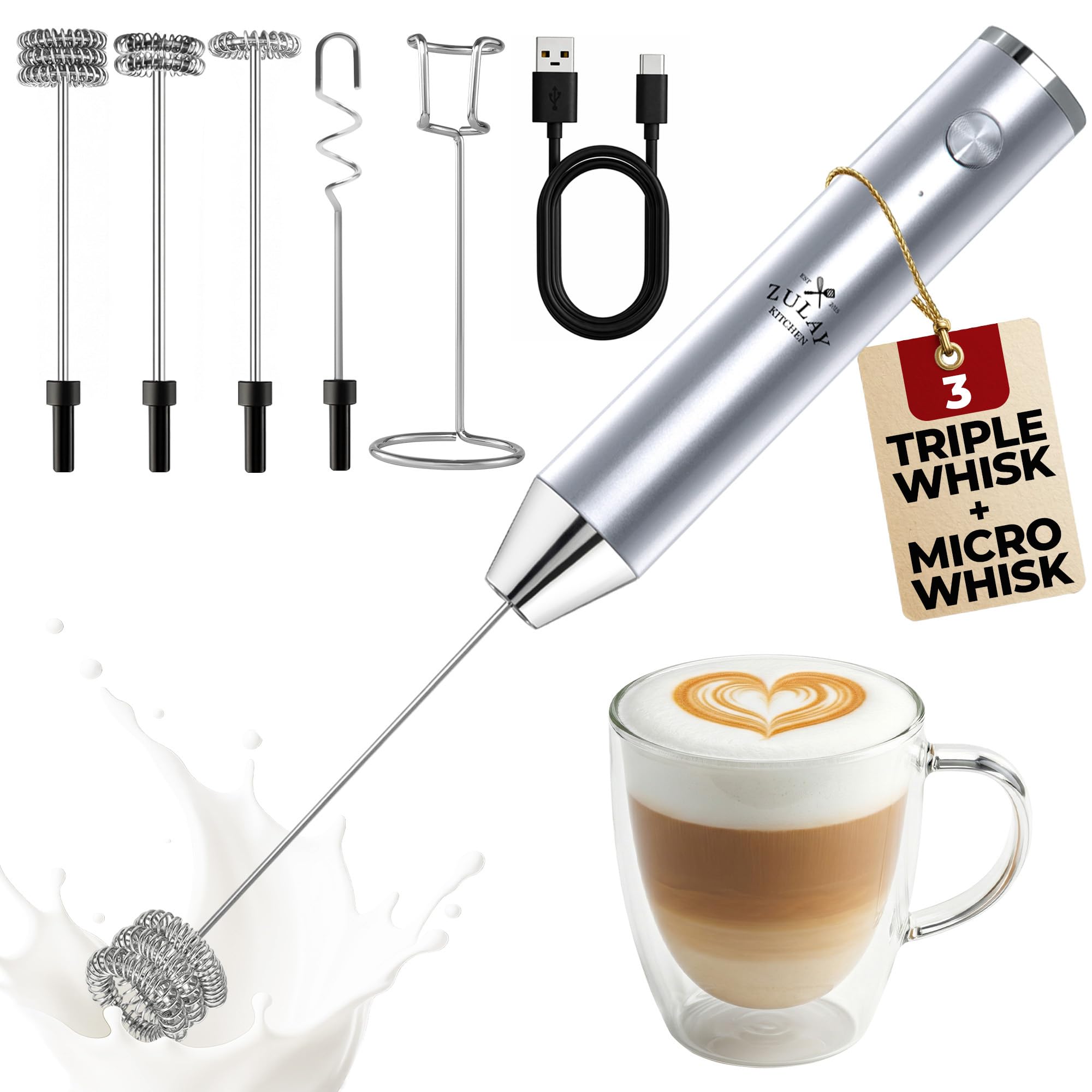 Zulay Kitchen Rechargeable Milk Frother Handheld - Frother Wand, Drink Mixer, Electric Whisk Frother, for Cappuccinos, Matcha &amp; Protein Powder - Lux 4 Whisk 2 Speed Waterproof 2000mAh Silver