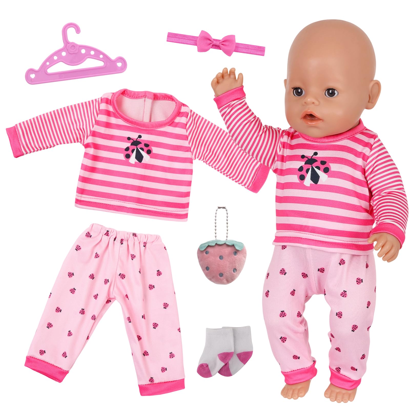 Baby Doll Clothes for 14-18 Inch Doll, 6 Pcs Pink Ladybird Dolls Clothes for 35-45cm Newborn Baby Doll, Sweet Dolls with Clothes Blouse Trousers Headband Socks Hanger Strawberry Doll Kids Birthday