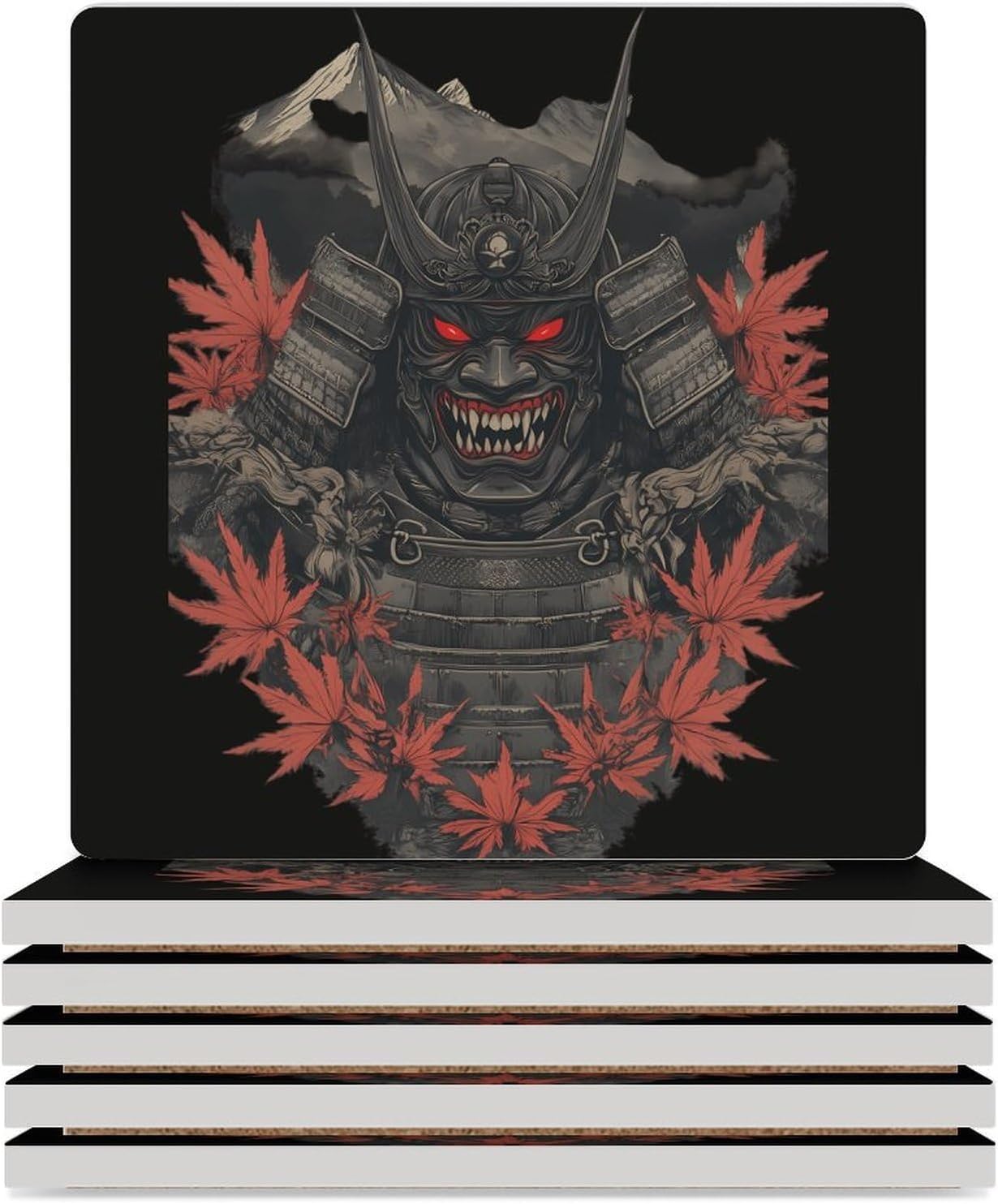 Fall Leaves Armors-Masks-Japanese Ceramic Coasters Square Drinks Coaster Coffee Table Decor Table Coaster for Home Bar