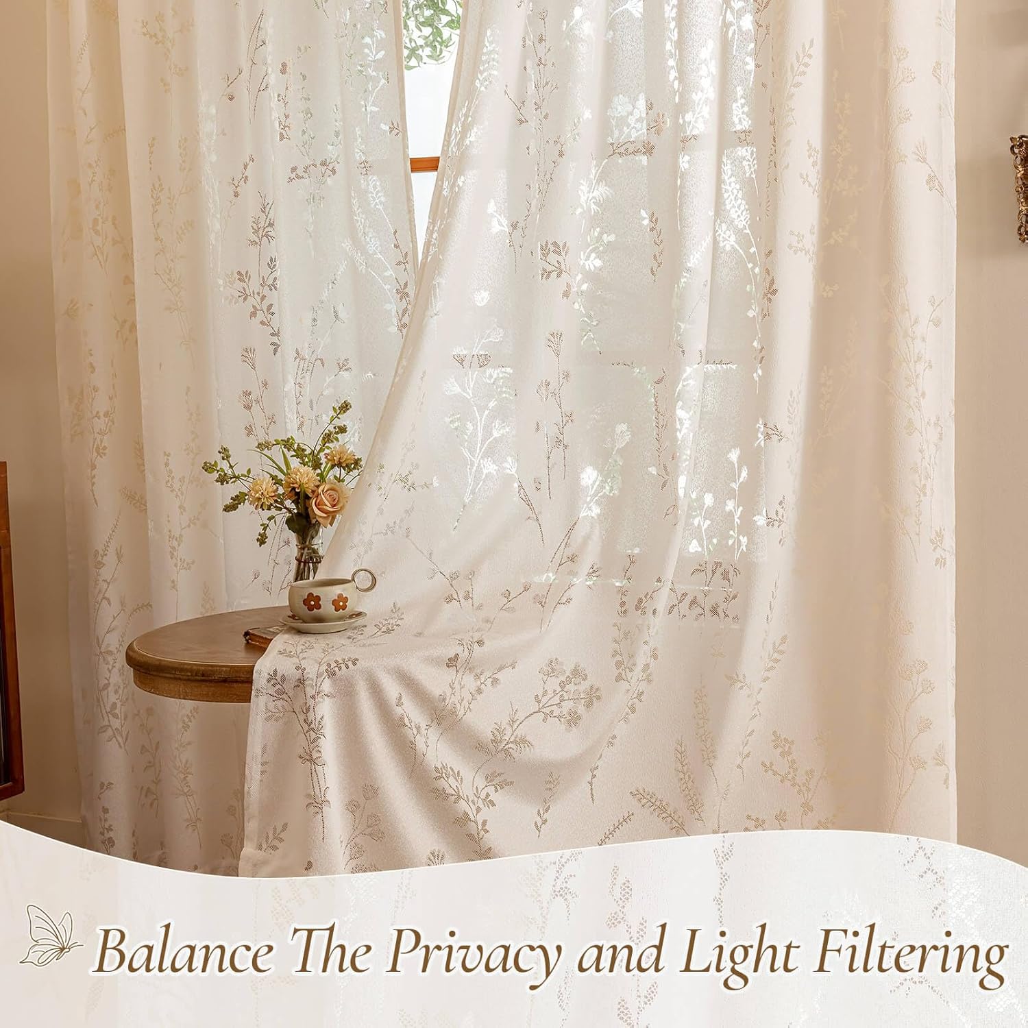WUBODTI Beige Boho Floral Semi Sheer Curtains for Bedroom Kids Room 63 Inch Length 2 Panel Sets, Rod Pocket Light Filtering Privacy Leaf Patterned Curtain Vintage Home Decor Drapes for Small Windows