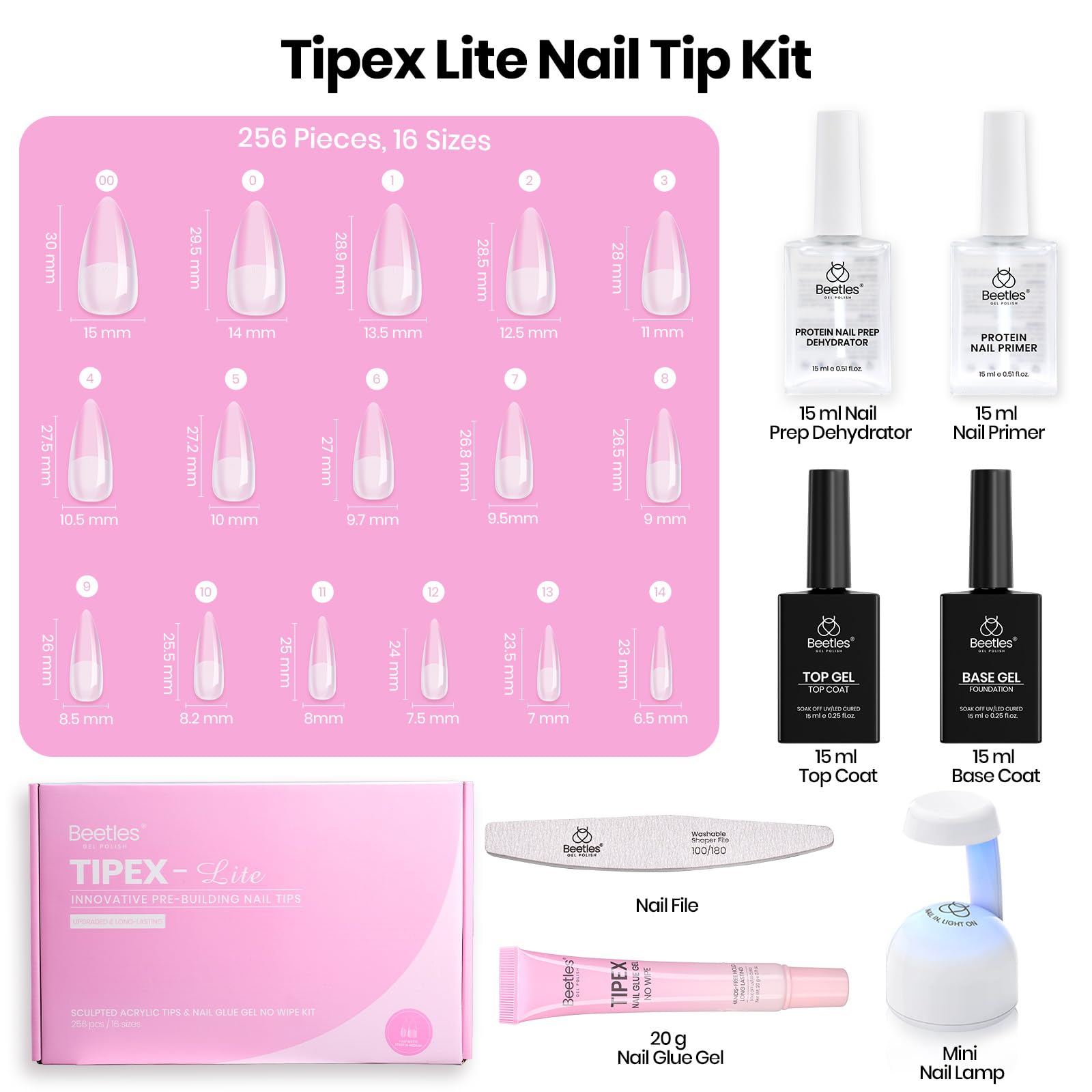 Beetles Tipex Lite Pre-Built Apex Nail Tips, Coffin Medium, 256pcs Value Pack, 16 Sizes | 00-14, Flat-Nail Friendly Acrylic Tips for Natural Nail Beds, Easy for Beginner DIY: 3A-Tipex Lite Kit with Primer-Stiletto Medium
