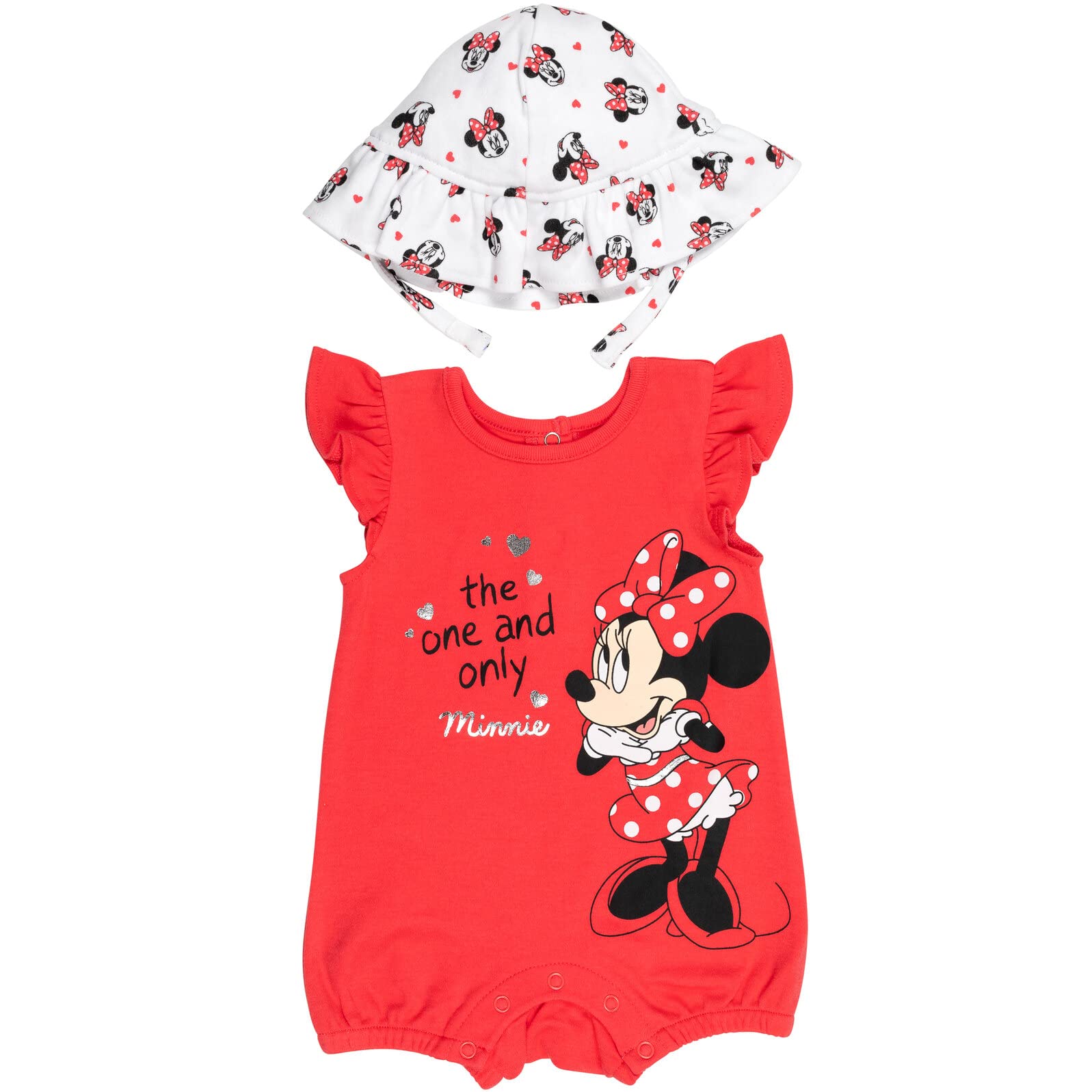 Disney Minnie Mouse Infant Baby Girls Snap Romper and Bucket Sun Hat Red 12 Months