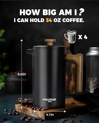 Miniatura 7 de POLIVIAR - Cafetera de prensa francesa, prensa de café de 34 onzas con mango de madera real, aislamiento de doble pared y pantalla de doble filtro,