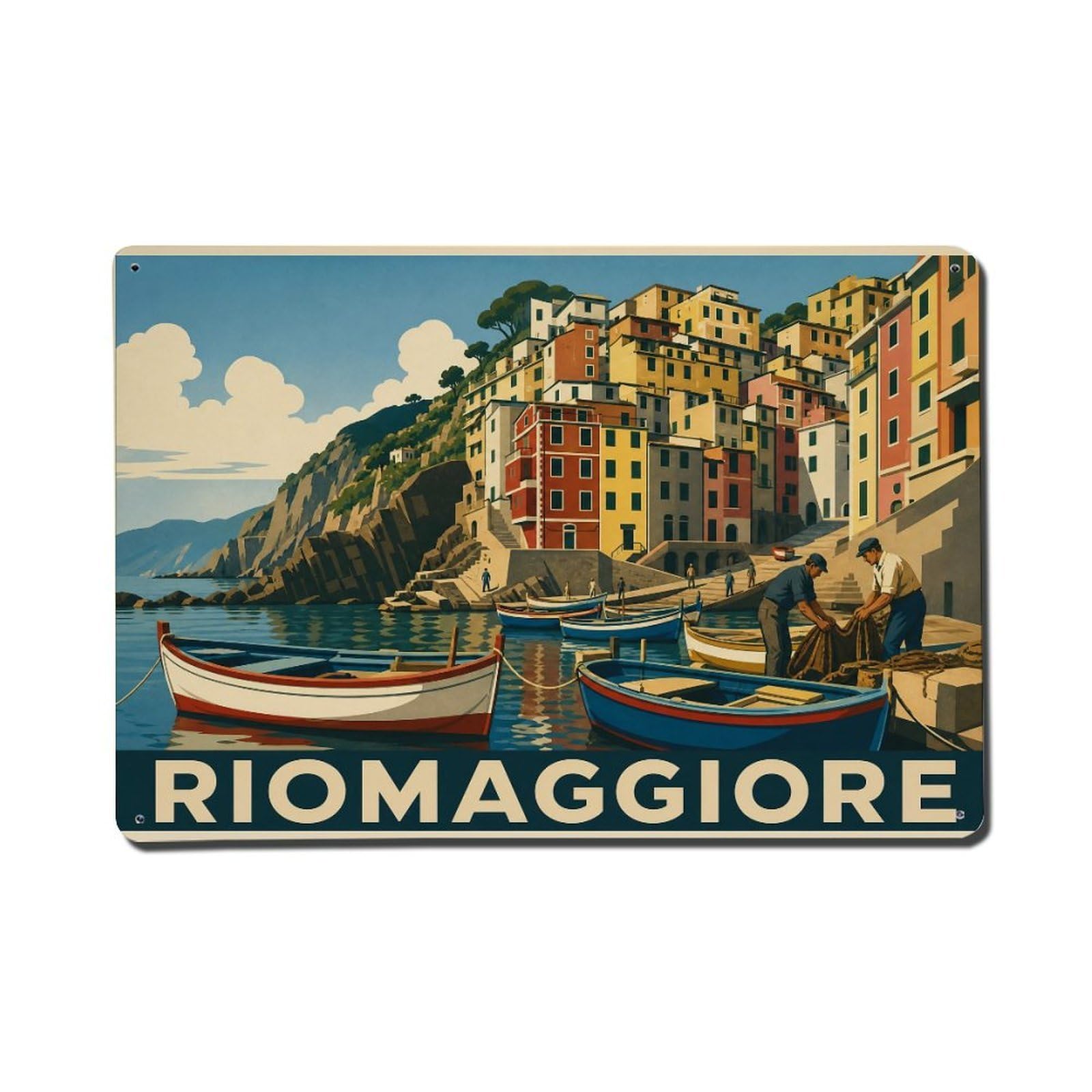 Vintage Travel Riomaggiore Marina Boats Docked Italy Metal Tin Sign