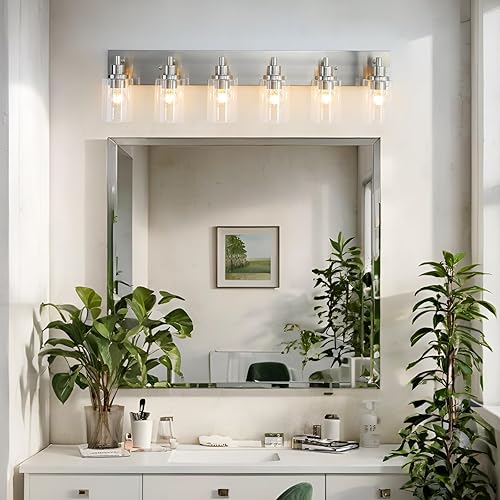 Miniatura 5 de LOUSACE Lámpara de tocador de baño de 6 luces de níquel cepillado, accesorios de iluminación de baño con pantallas de vidrio transparente sobre