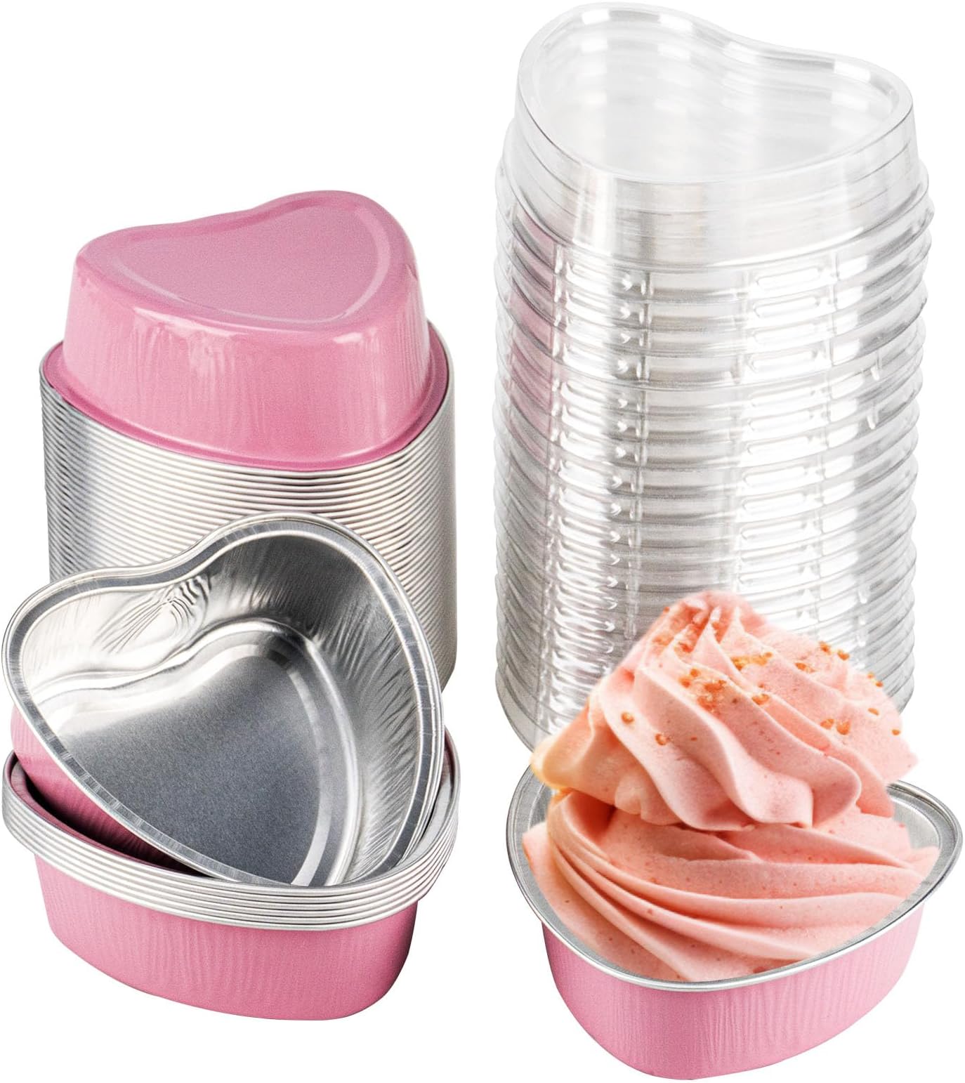 50 Pack Heart Shaped Mini Cake Pans with Lids, Small Disposable Aluminum Foil Cupcake Loaf Pans, Baking Cup Cake Tin Mold for Valentine's Mother's Day Wedding Party Birthdays (Pink, 3.4oz/100ml）