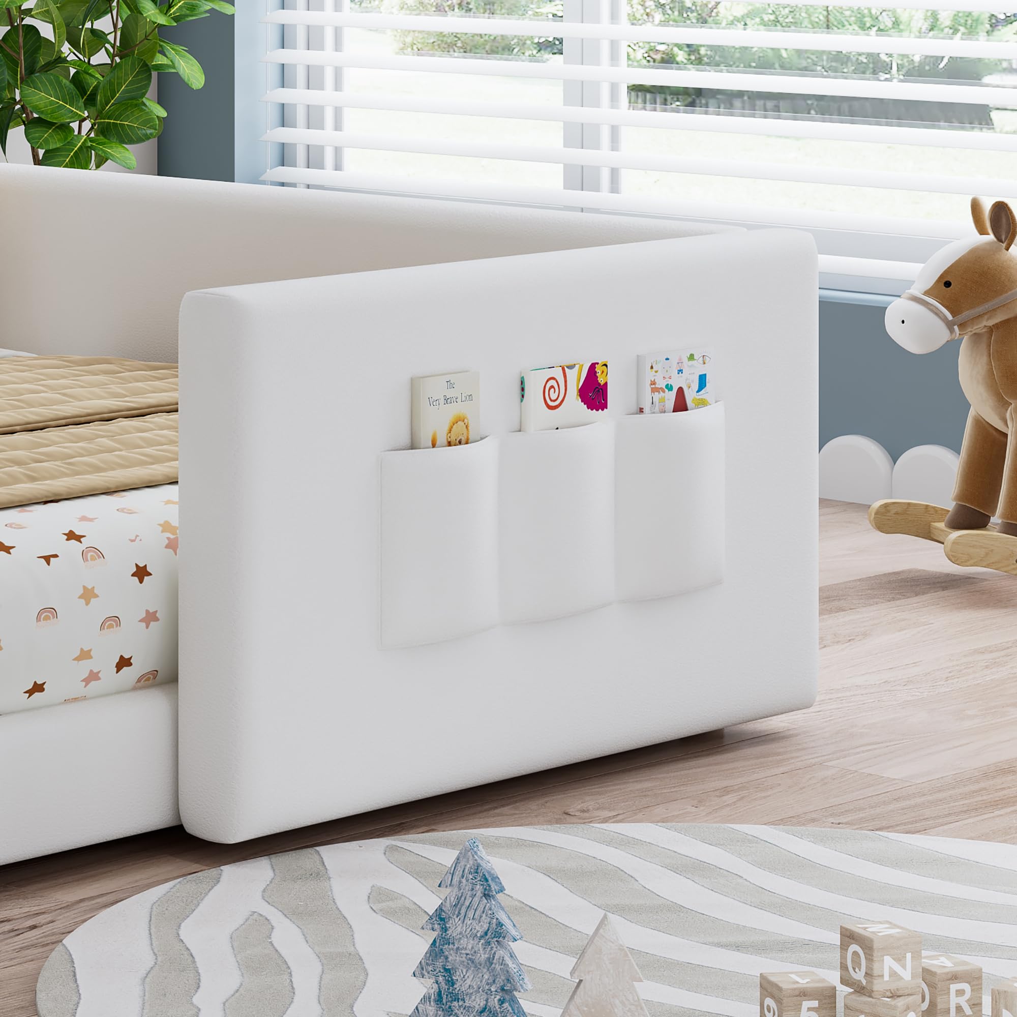 Montessori Letto a Terra per bambini 140 x 200cm, Letto imbottito PU con 3 pratiche tasche portaoggetti, Rete a doghe in Legno, letto Piazza e Mezza per Bambini(senza materasso)