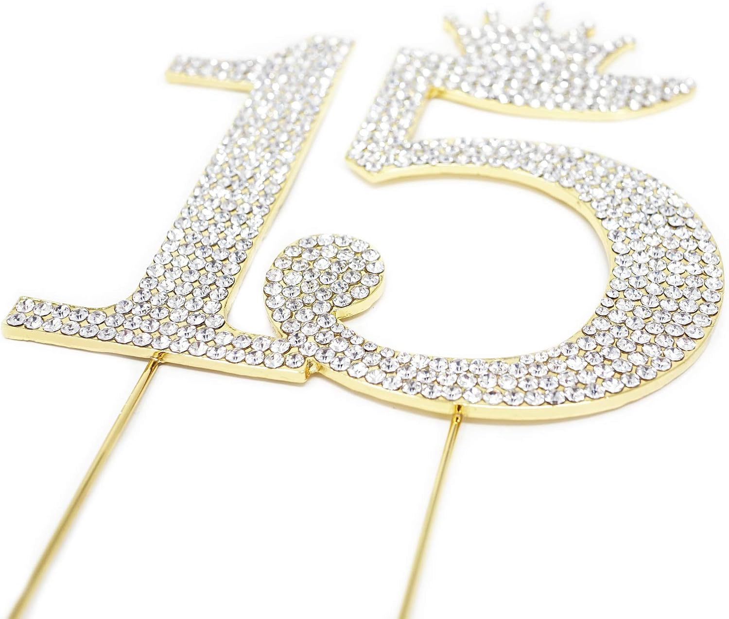Number 15 Quinceanera Rhinestone Princess Crown Monogram Cake Topper - Sweet 15th Birthday Party (Gold)