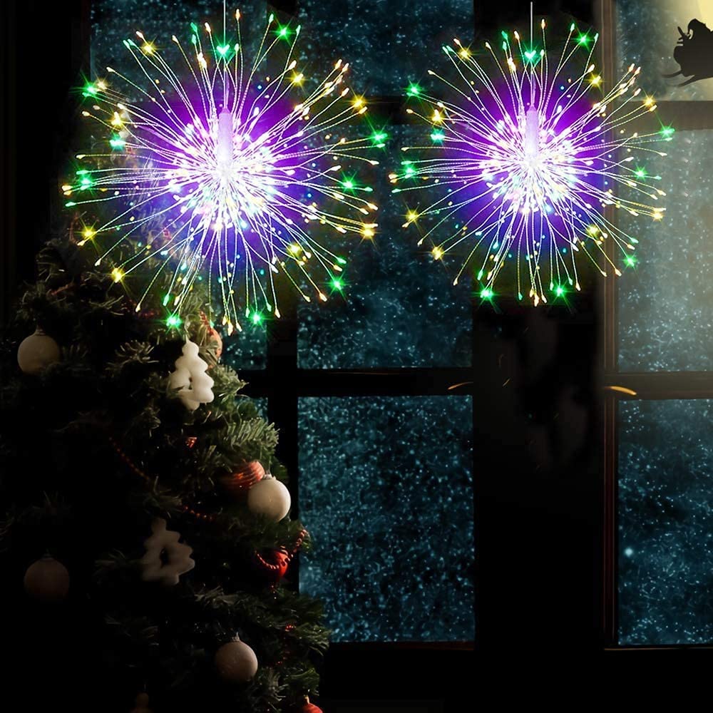 Riaxuebiy Multicolor Firework Lights 200 Led Starburst Lights Decorative Hanging Christmas Sparkle Lights 8 Modes Dimmable Battery Powered String Fairy Lights With Remote Control (, 2 Pack)