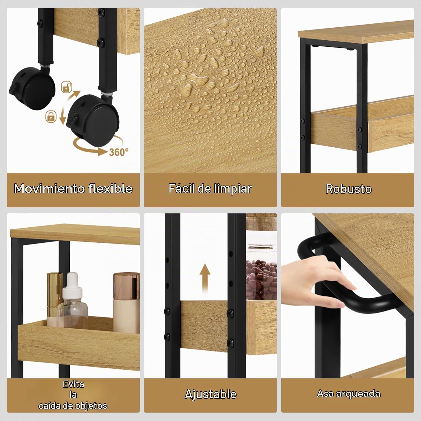 EUGAD Estanteria de Baño de 4 Niveles, Carrito con Ruedas para Baño, Carro de Almacenamiento de Baño, Carrito Estrecho con 2 Frenos, Armazón Metálico, 40x15x82 cm, Ngero+Roble Calro