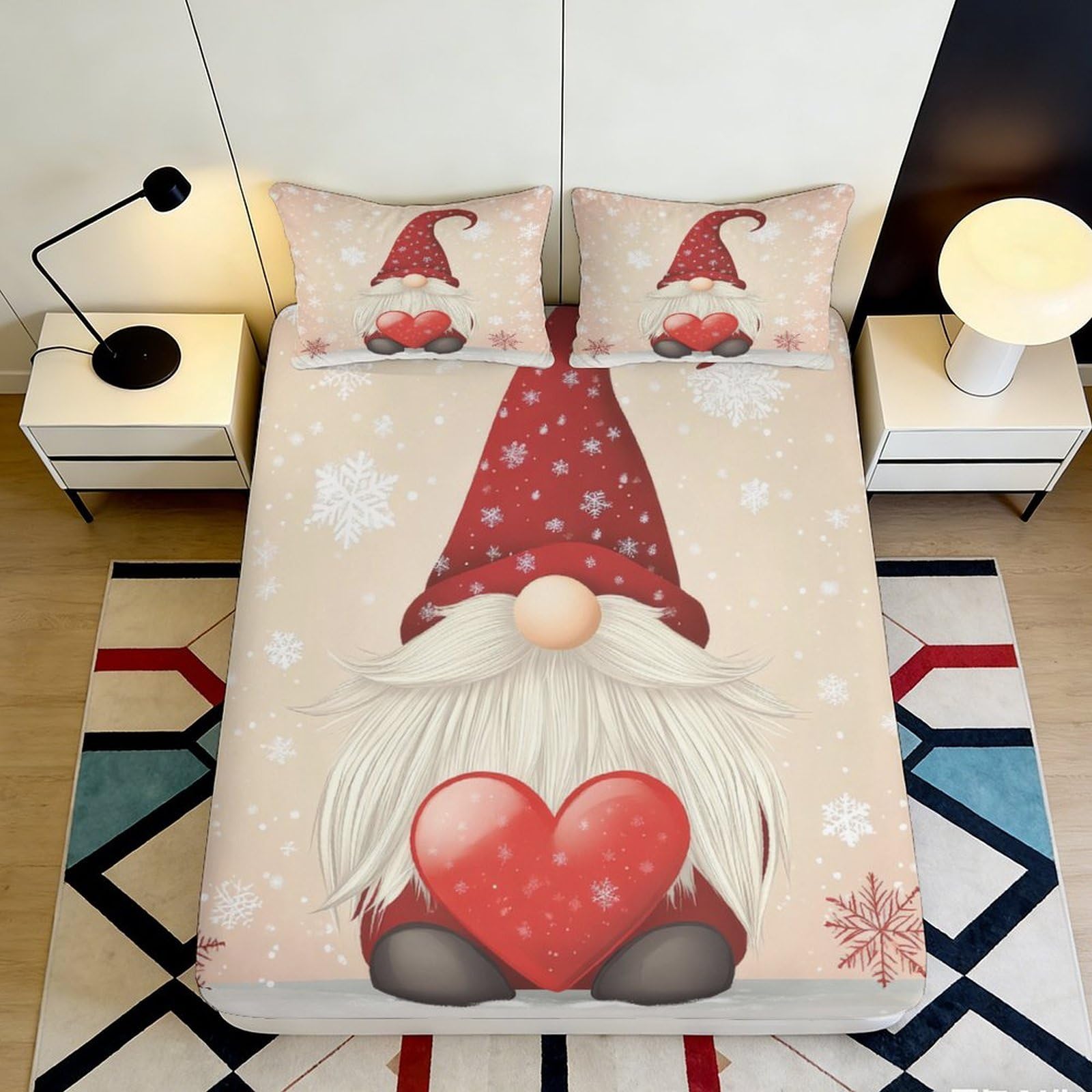Pnayamiorkfel Style-10 3D Printed Nordic Gnome Fitted Sheet Microfiber Christmas Heart Snowflake Bed Cover For Bedroom Guestroom Decor 90X200x25cm