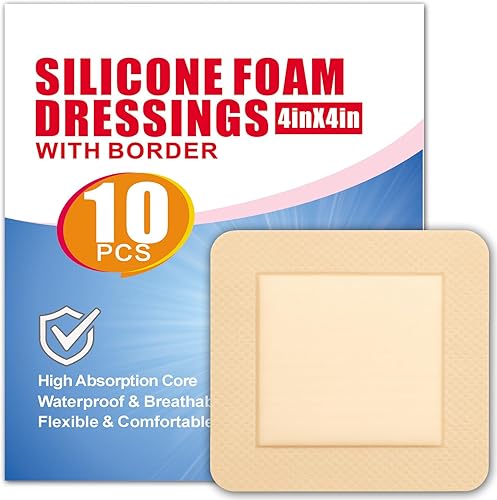 Apósitos de espuma de silicona con borde de 4 x 4 pulgadas, paquete de 10 envueltos individualmente, adhesivos, impermeables, transpirables,