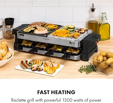 Klarstein Sirloin Raclette Grill - 2-in-1: Aluminium Grill Plate & Natural Stone Plate, Stainless Steel Heating Element, Adjustable Thermostat, For 8 People, Steel Raclette Pans, Power: 1500 Watts,