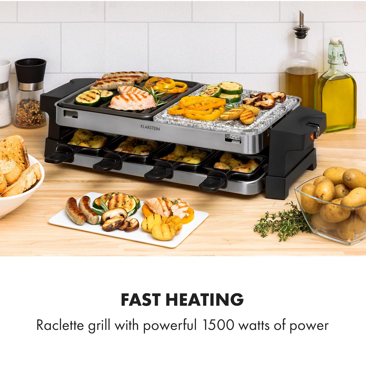 Klarstein Sirloin Grill para raclette, 1500 vatios, 2 en 1: placa de grill de aluminio y placa de piedra natural, Termostato regulable, para 8 personas, Sartenes de raclette de acero