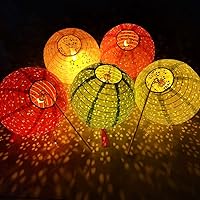 12 Pack 8 Inch Chinese Paper Lanterns with LED Lights, Sticks & Tassels - Hollow Cherry Blossom for Lunar New Year, Wedding, Party Decor