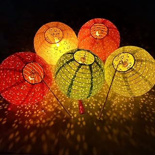 12 Pack 8 Inch Chinese Paper Lanterns with LED Lights, Sticks & Tassels - Hollow Cherry Blossom for Lunar New Year, Wedding, Party Decor
