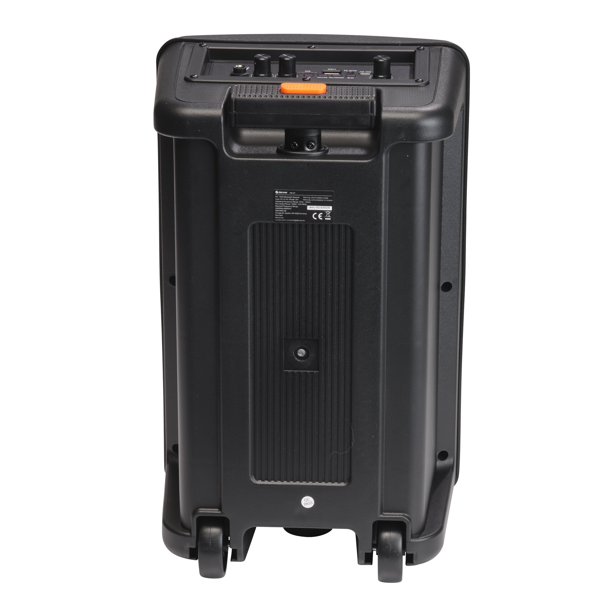 Denver TSP-307 - Bluetooth Party Lautsprecher mit Mikrofon und Akku - 120W Karaoke Box mit RGB LED Licht, 8 Zoll Woofer, Trolley Speaker mit Rollen, USB MicroSD AUX Eingang (25 x 41 x 21 cm) | 120W Karaoke Box, RGB LED Licht, 8 Zoll Woofer, Trolley mit Ro