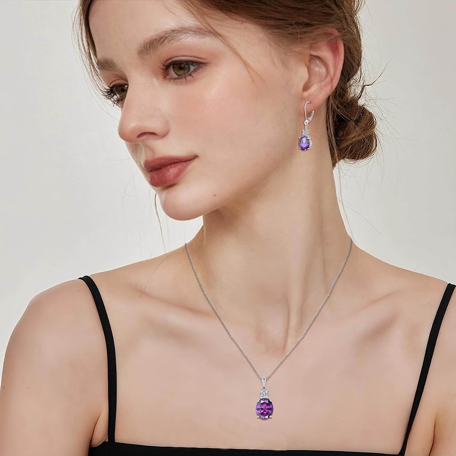 Amethyst Jewelry Set for Women 925 Sterling Silver Oval Cut Necklace Dangle Drop Leverback Earrings February Birthstone Jewelry for Her