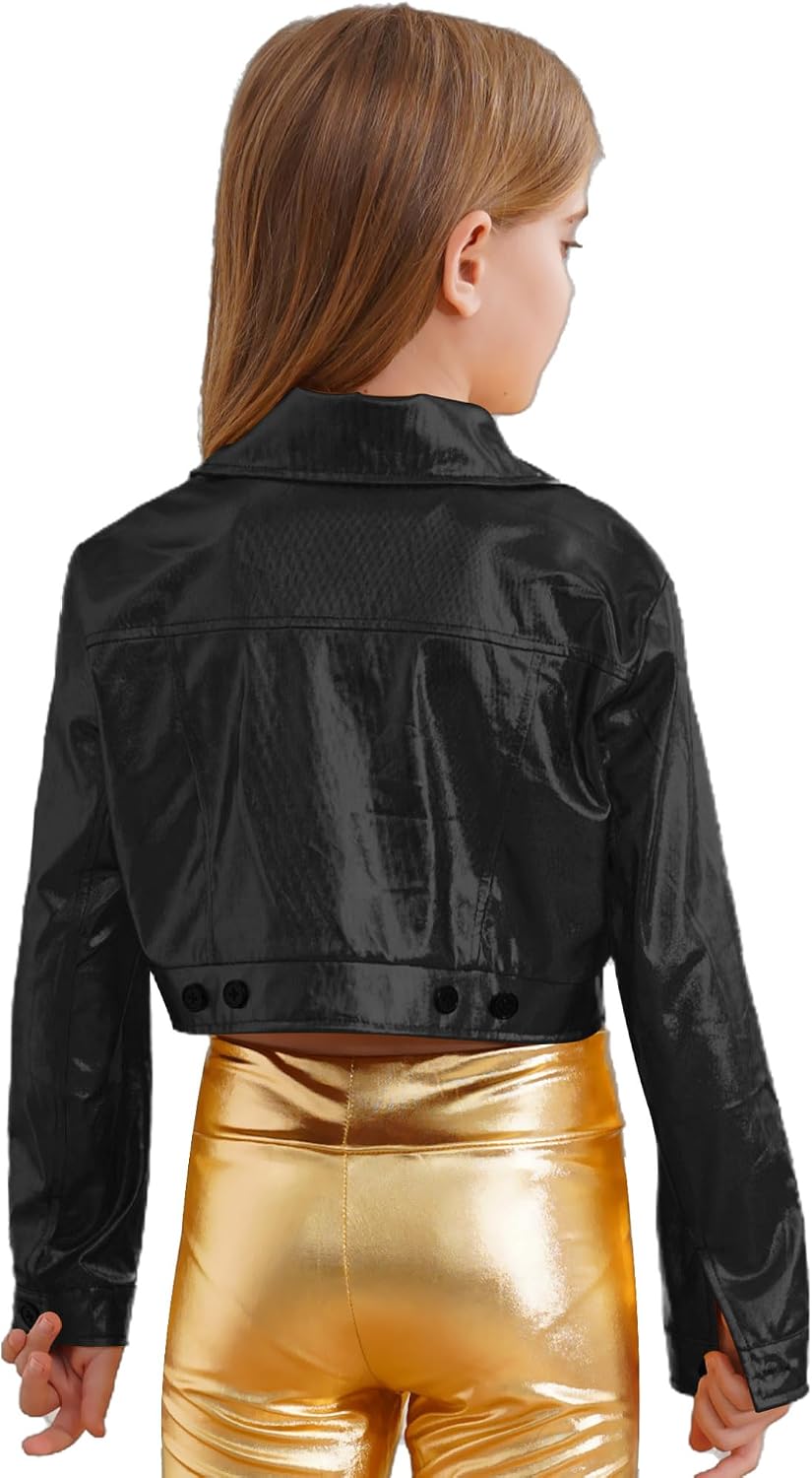 Kids Girls Boys Long Sleeve Jazz Dance Top Disco Costume Metallic Zip up Bomber Jacket Motorcycle Coat Outerwear
