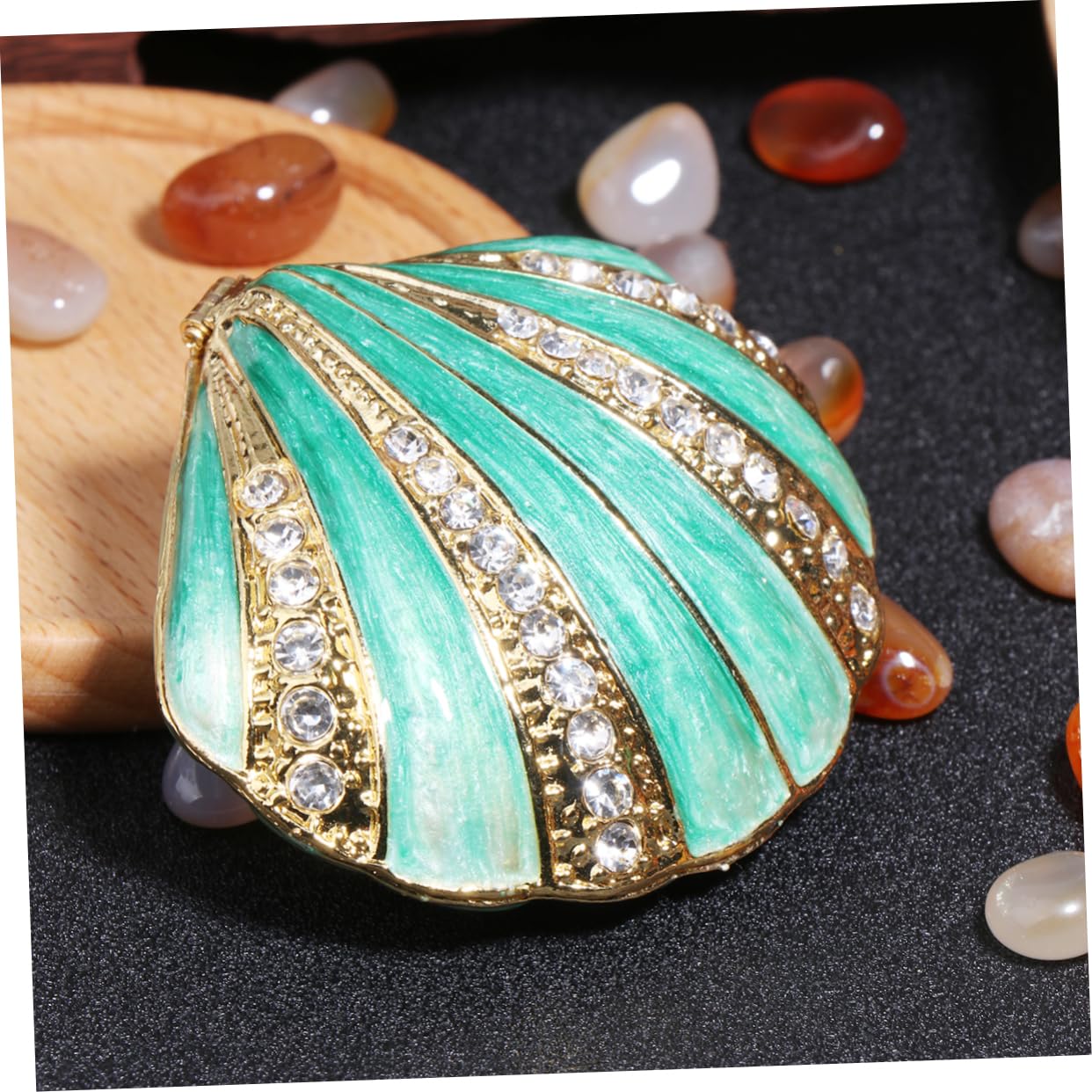 2piezas Caja De Joyería De Aleación De Enamel Forma De Concha Retro Organizador De Anillos y Accesorios Almacenamiento Compacto Para Mujeres Verde