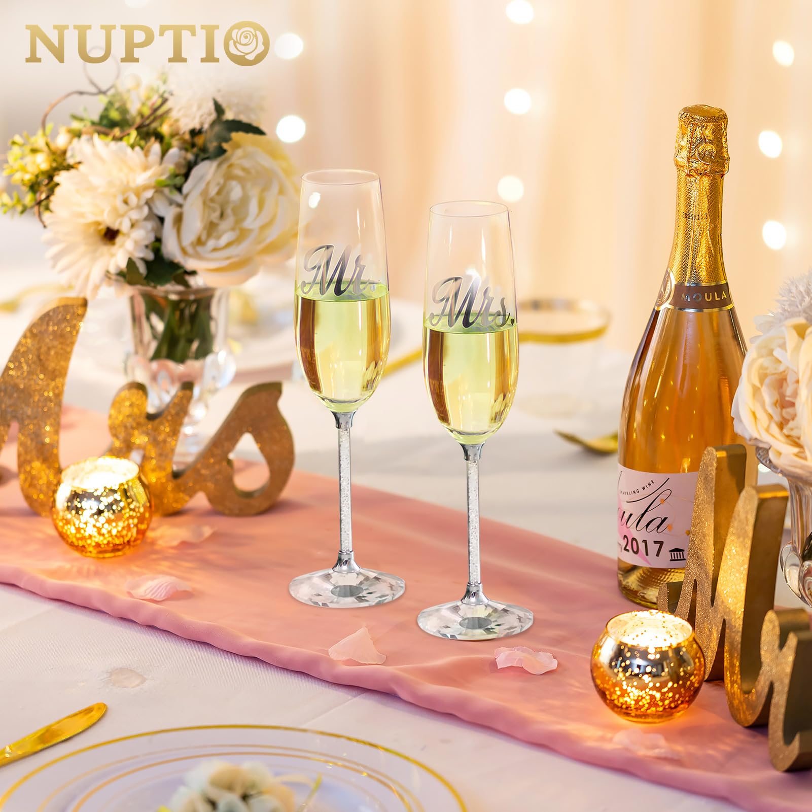 Nuptio Copas Champagne Cristal Boda: Set de 2 Copas de Vino para Boda con Caja Madera - Regalo Señor para Brindis Personalizadas para Novios, Compromiso, 50 Aniversario y Fiesta Cumpleaños